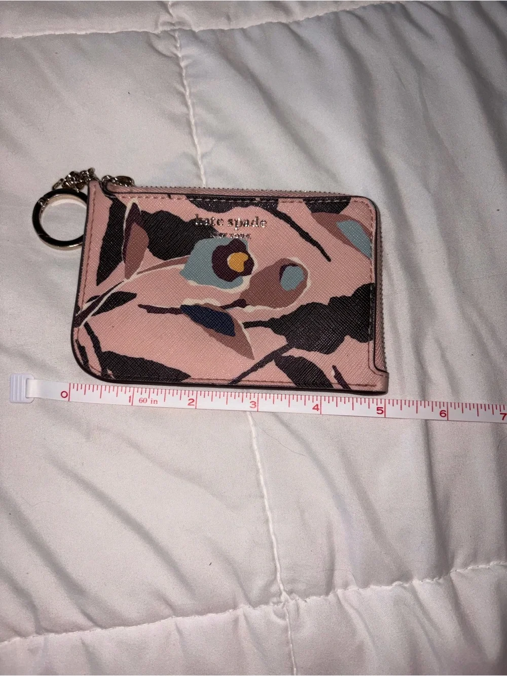 kate spade Pink Floral Zip Card Case with Gold Key Ring